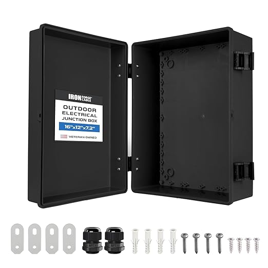 Iron Forge Cable Waterproof Junction Box Extra Large - Outdoor Enclosure with Accessories, Hinged Black Panel Cover - IP65, 16"x 12"x 7.2"Inch