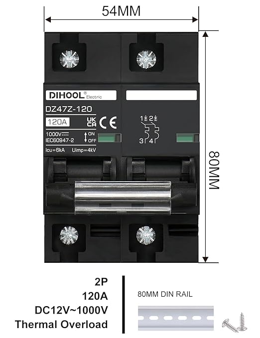 DIHOOL DC Circuit Breaker 120 Amp Solar Disconnect Switch 2P 1000V for PV, UPS, RV Battery,DIN Rail Mount