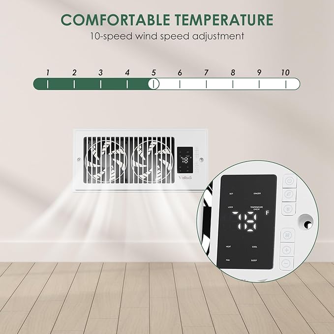 Register Booster Fan 4"x10", 10-Speed Quiet Vent Fan with Negative Ion, Thermostat & Remote, Enhances and Improves Heating & Cooling Efficiency, Air Vent Booster for Home Room Comfort, White