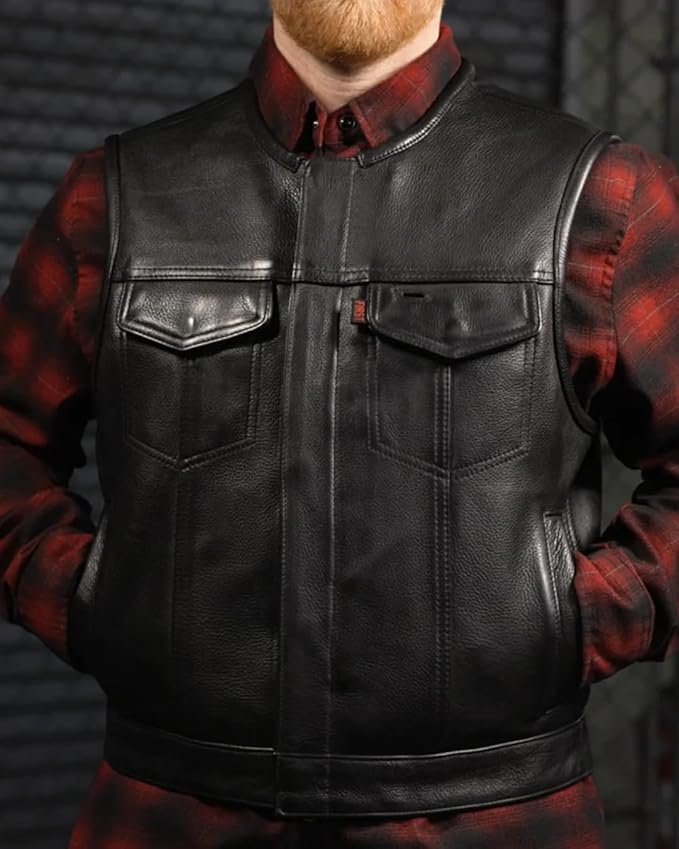 First Mfg Co - Lowside - Mens Motorcycle Biker Riding Canvas, Leather, Twill, Perforated Leather Vest
