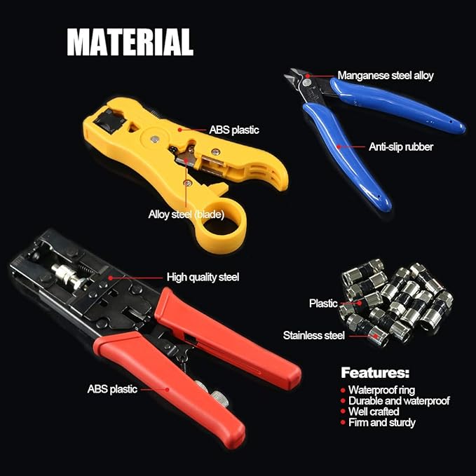 Hilitchi Coax Cable Crimper with Instruction Manual Multifunctional Compression Connector Adjustable Coaxial Crimping Stripping Tool and Micro Cutter with 10Pcs F Compression Connectors Black RG6