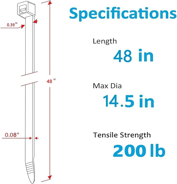 48 inch white heavy duty zip ties, UV-resistant, extra long nylon cable ties, 12 pieces, 200 lb tensile strength