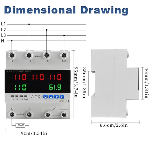 4P Automatic Transfer Switch with LCD Display, 63A Triple Power ATS with 5 Display for Real-Time Voltage & Current Monitoring (Input/Output), Automatic Changeover for Utility/Generator/Solar