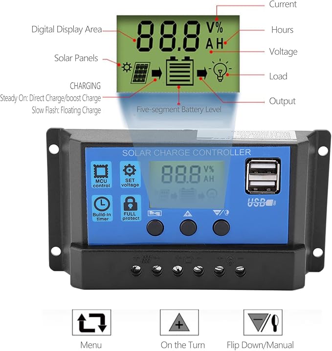 PWM Solar Charge Controller 12V/24V 20A LCD Display USB Port Solar Panel Battery Regulator Overload Protection for Street Light (YJSS-20A)