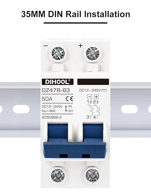 DIHOOL DC Circuit Breaker,50A 2 Pole,12V to 240 Volt Solar Disconnect Switch,DIN Rail Mount