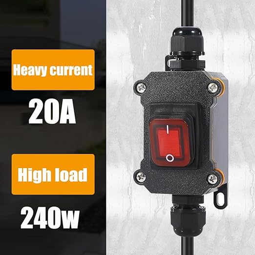 Waterproof Inline Cord Switch,DPST DC 16A-24V,20A-12V, On Off Toggle Switch with Red Light Rocker Button Switch,Outdoor Start Stop Switch,Two Side Entry and Exit Line