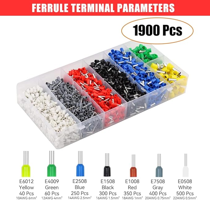 HKS Ferrule Crimping Tool Kit - Hexagonal Ferrule Crimper Plier (AWG 23-7) with 1900pcs Wire End-Sleeves Terminals Kit