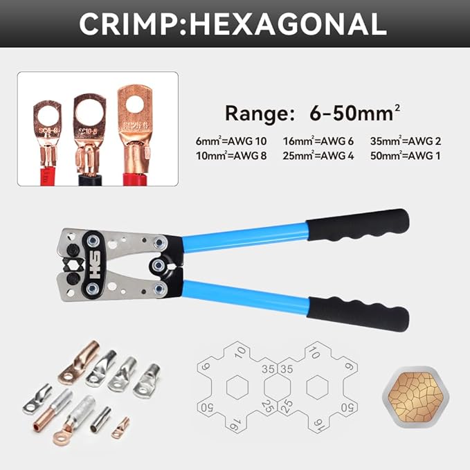 HKS Battery Cable Lug Crimping Tool 10-1 AWG with Cutter, 60Pcs Copper Ring Terminals & 60Pcs 3:1 Heat Shrink Tubing, Heavy Duty Wire Crimper Set for Battery Cables