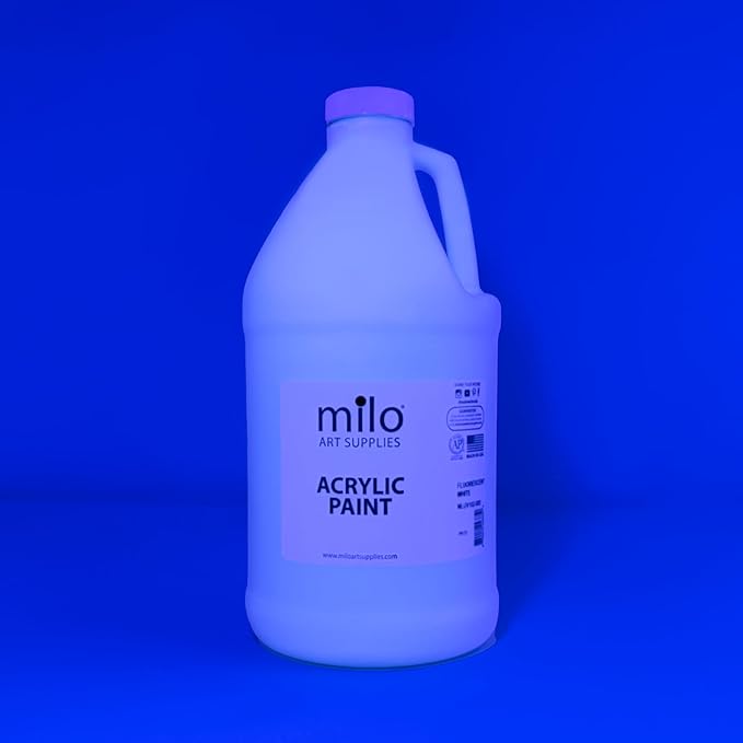 milo Fluorescent White Neon Acrylic Paint | 64 oz Bottle Half Gallon | Glows UV in Black Light | Non-Toxic Made in USA | Bulk Art Paint for Party, Student, Classroom, Artist | Paint in the Dark