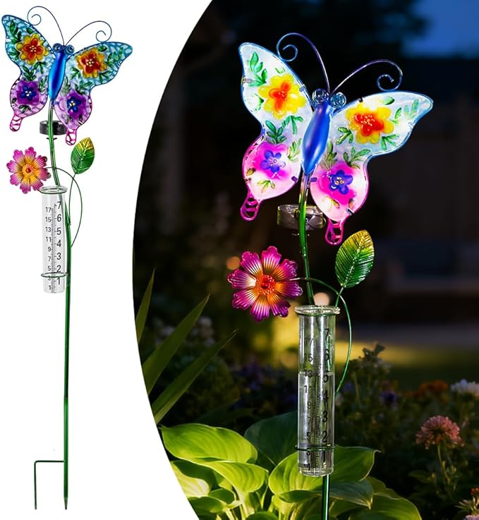 Solar Rain Gauge Outdoor, Butterfly Rain Gauge, Decorative Stained Glass Rain Measure Tool, 7 Inch Tube Rainfall Measurement for Patio, Yard and Garden