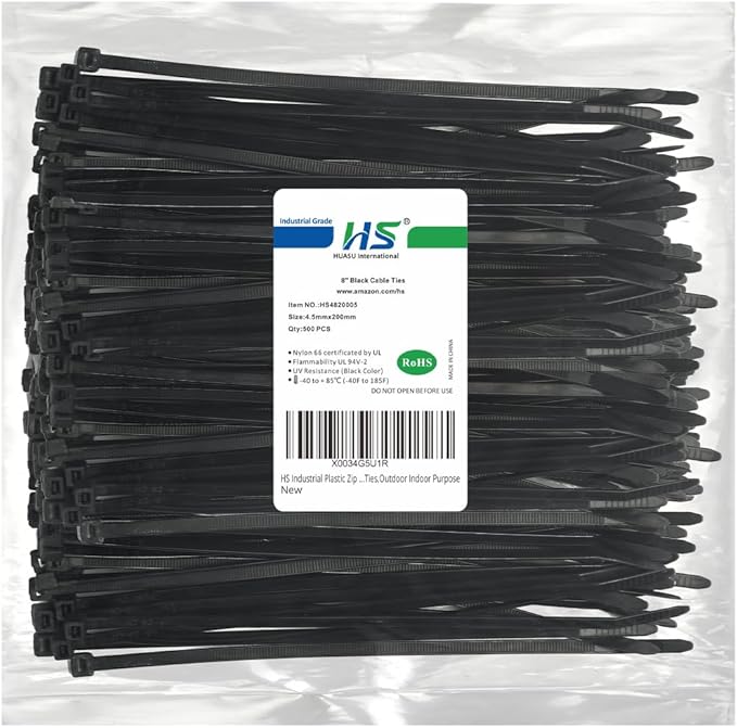 HS Thick Zip Ties 8 Inch x 3/16" (Bulk-500 Count) UV Black Cable Ties 50 Pounds Heavy Duty Self-Locking Strap Ties for Automotive,Outdoor Fence Purpose