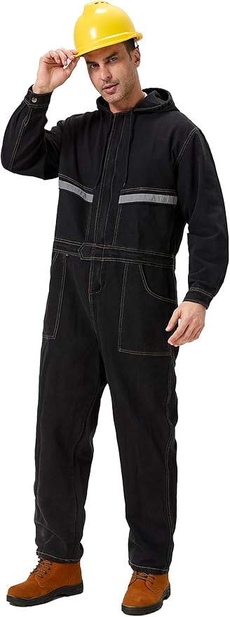 Mens Denim Work Coveralls with Hood Heavy Duty Work Jumpsuit Loose Fit Coverall Hi Viz Mechanic Jeans Overalls