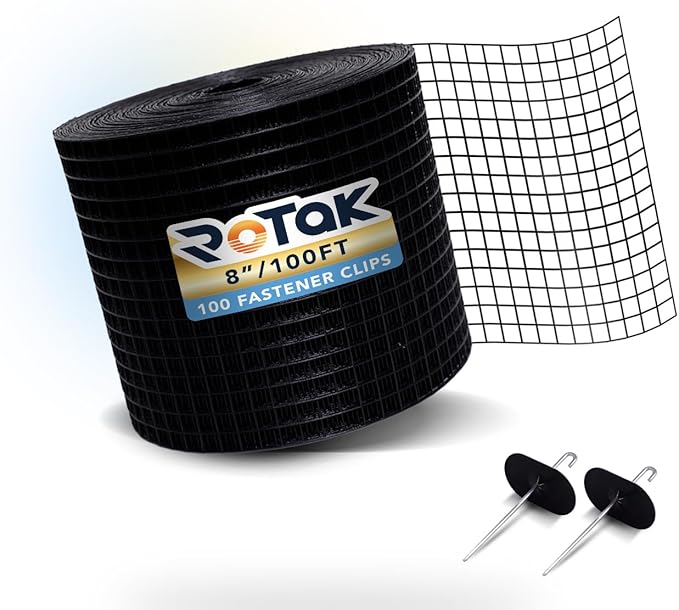 ROTAK Critter Guard - 8in x 100ft Solar Panel Bird Guard with Fastener Clips - Galvanized Black PVC Coated ½ inch Wire Roll Mesh (8" x 100' with 100 Fastener Clips)