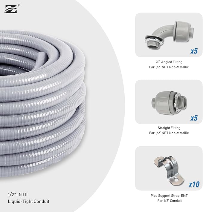 Z 1/2" Dia * 50 Feet Flexible Electrical Conduit Liquid Tight PVC Conduit Kit with 5 PCS Coupling, 5 PCS Elbow and 10 PCS Strap