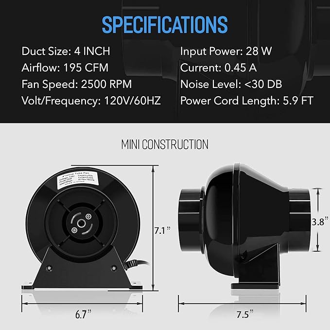 iPower 4 Inch 195 CFM Inline Duct Ventilation Exhaust Fan, 8 Feet Ducting and Backdraft Shutter Damper for Grow Tent, HVAC Heating Cooling, 2 Clamps Included