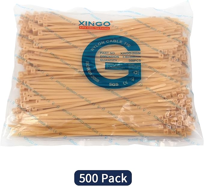 XINGO 8 Inch Cable Zip Ties (500 Pack), 40 Lbs Tensile Strength-Heavy Duty, Self-Locking Nylon Plastic Nylon Wire Ties for indoor and outdoor use(Gold)