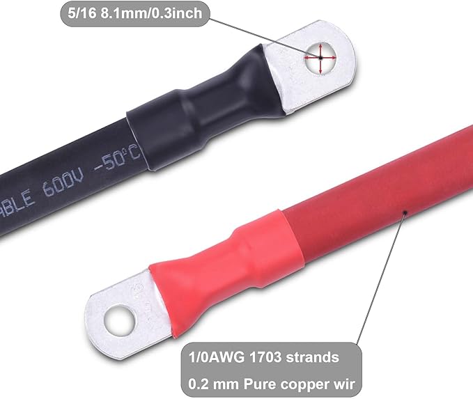 1/0 AWG Flexible Battery Cable with 5/16" Terminals - OFC Pure Copper Inverter & Welding Wire for Automotive Solar RV Motorcycle (Red + Black 1FT Pair)