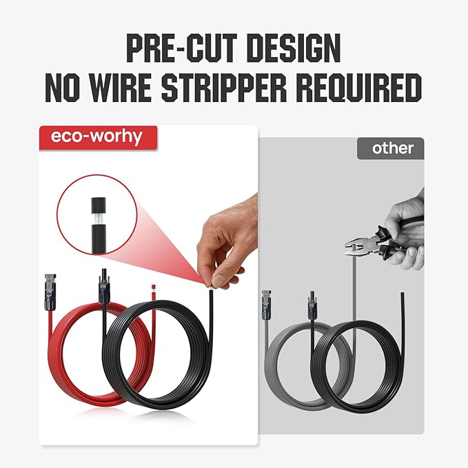 ECO-WORTHY 20FT 10AWG Solar Extension Cable 30A/1000V DC, IP67 Waterproof with Compatible Quick Connectors (Red+Black) for Solar Panels, Controllers, Off-Grid Systems
