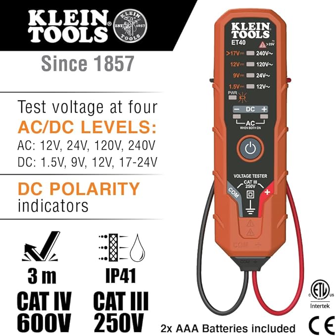 Klein Tools ET40 Digital AC/DC Voltage Tester, 12-240V AC, 1.5-24V DC, LED Illumination, DC Polarity, Auto Off, CAT III 250V-Class 2- Double Insulation, IP41 Dust and Water Resistant