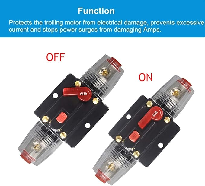 30A 40A 50A 60A 80A 100A 150A Amp Audio Circuit Breaker Auto Car Stereo Inline Fuse Holders Inverter, Manual Reset 12V-24V DC for Automotive Marine Boat Audio System Protection (60A)