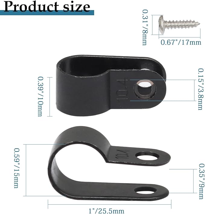100 Pcs 3/8 Inch Black Nylon Screw Mounting R-type Cable Clip Wire Clamp, 10.4mm Cable Clip Wire Clamp for Wire Management, Stainless Steel Screws Included