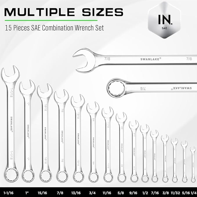 SWANLAKE 15-Piece SAE Wrench Set, V Notch Premium Combination Wrenchs Set, SAE 1/4" to 1-1/16", Max Torque, 12-Point, Chrome Vanadium Steel, with Storage Rack