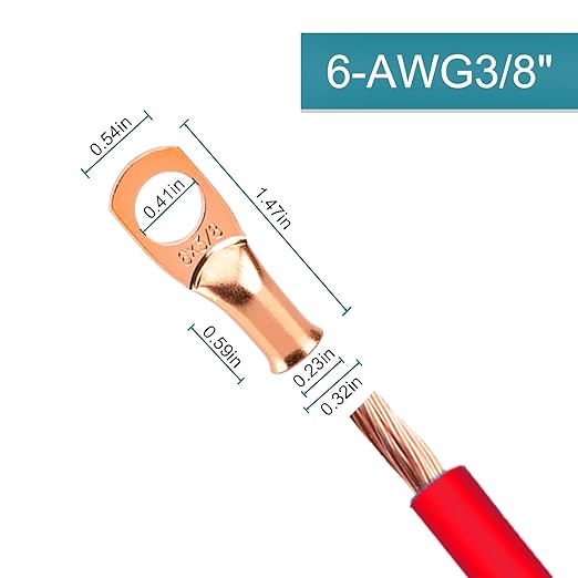 10 PCS Battery Terminal Connectors, Battery Cable Ends Lugs, 6 Gauge Wire Connectors, 6 AWG 3/8" Stud Ring Terminals, Copper Wire Lugs with Heat Shrink Tubing.