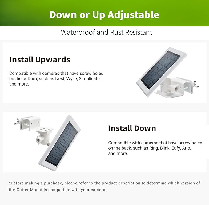 Gutter Mount for Ring, Arlo, Reolink Solar Panels, Adjustable Aluminum Bracket for Ring– Easy Installation, Perfect Sunlight Angle (White)