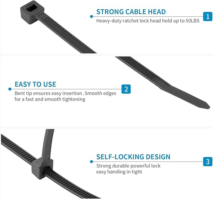 XINGO 1000 PCS 24 Inch Black Zip Ties Heavy Duty, 60lb Tensile Strength, UV Resistant Cable Ties for indoor and outdoor use