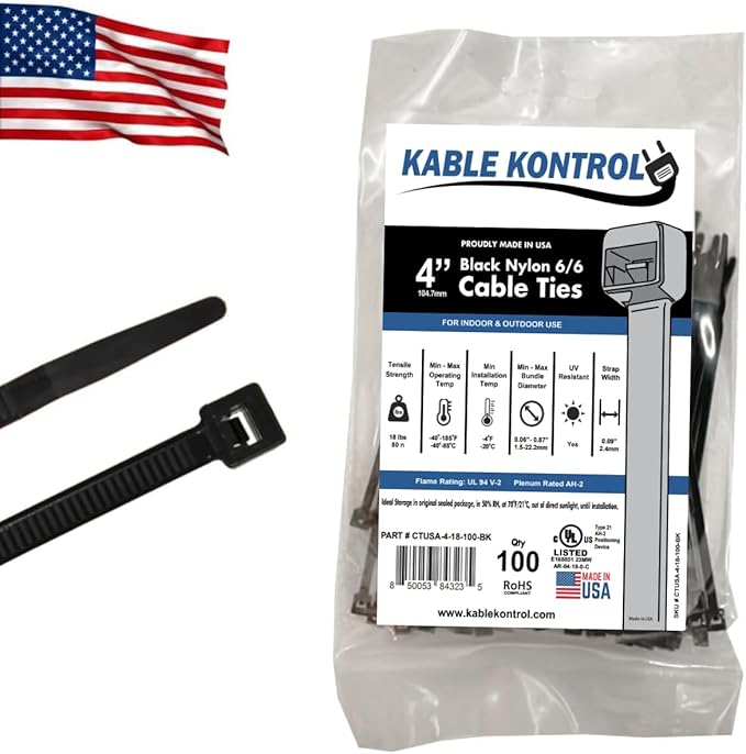 Kable Kontrol Made in USA Cable Zip Ties, 100 Pcs 4 Inch Black, 18 Lbs Tensile Strength, Self-locking UV Resistant Plastic Nylon Wire Ties, for Indoor or Outdoor Use
