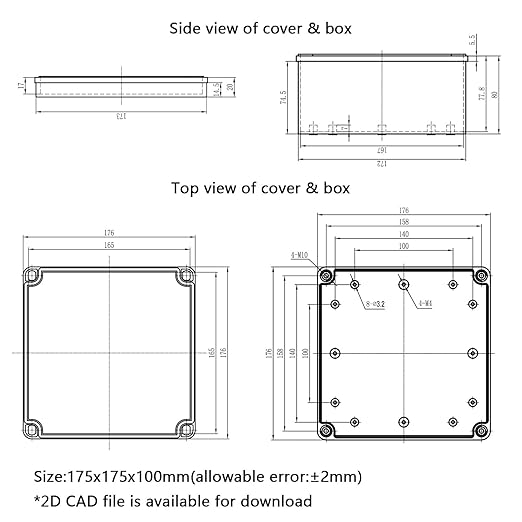 Junction Box，6.9"x 6.9"x 3.9" Outdoor Electrical Box with Mounting Plate, IP67 Dustproof Waterproof ABS Plastic Project Box, DIY Electrical Enclosure Gray (175x 175x 100 mm)