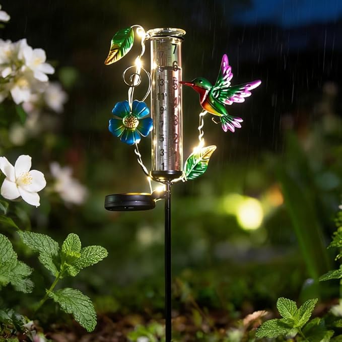 Hummingbird Rain Gauge Outdoor,Decorative Rain Gauges with LED Solar Lights,7” Glass Tube Rain Gauge Freeze Proof for Garden Patio Lawn