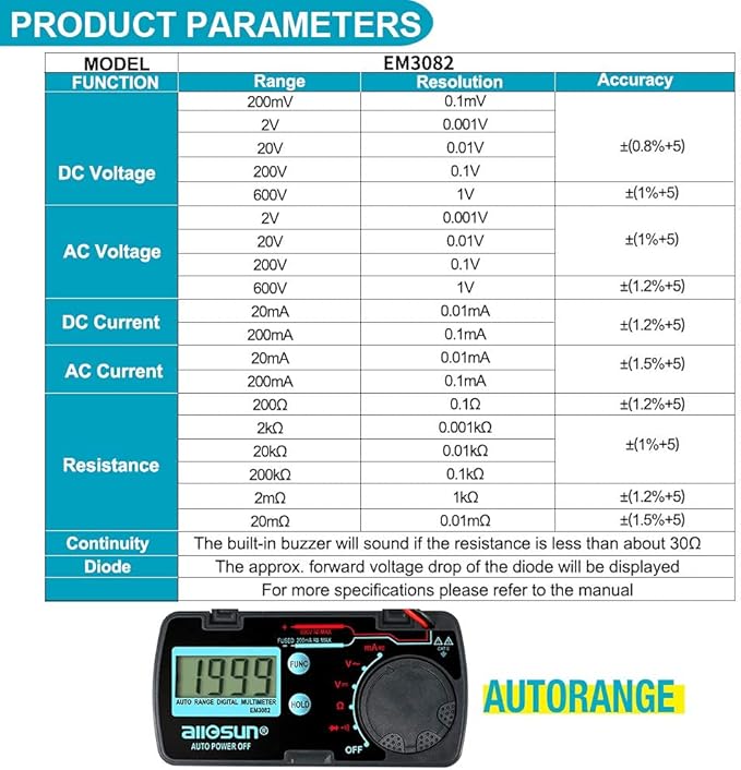allsun Mini Auto Range Folding Digital Multimeter Automotive Tester AC DC Volt AMP Ohm LCD Travel Voltmeter Ammeter Continuity Tester Auto Power Off EM3082