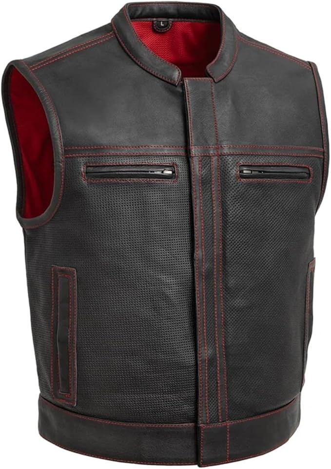First Mfg Co Lowrider Mens Motorcycle Biker Riding Armor Club Style Black Leather, Twill, Moto Mesh, Perforated Vest