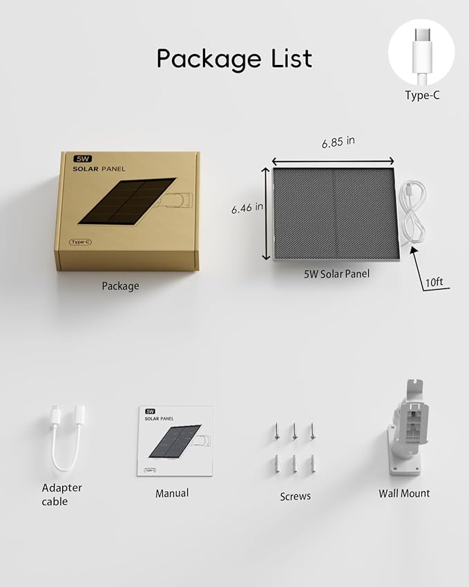 5W Solar Panel for Security Camera Wireless Outdoor - Compatible with ZUMIMALL& TIEJUS Solar Security Cameras X2//F5/MW3/W3K/PG1/PW1 or Other Solar Outdoor Camera, 10 ft Type C Cable