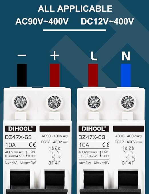 DIHOOL Solar Disconnect Switch, 10 Amp 2 Pole, DIN Rail Mount, Non Polarized, 12V 24V 48V 400V, AC/DC Circuit Breaker, RV Battery Isolator, PV Array MCB, Thermal Magnetic Trip