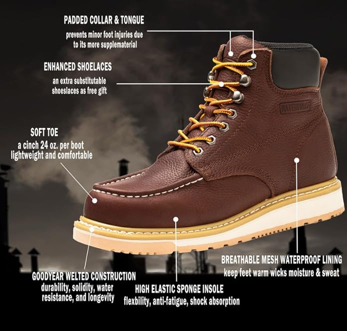 Work Boots for Men, 6" Soft Toe Wedge Sole Waterproof Safety Boots, Comfortable Construction Work Safety Shoes