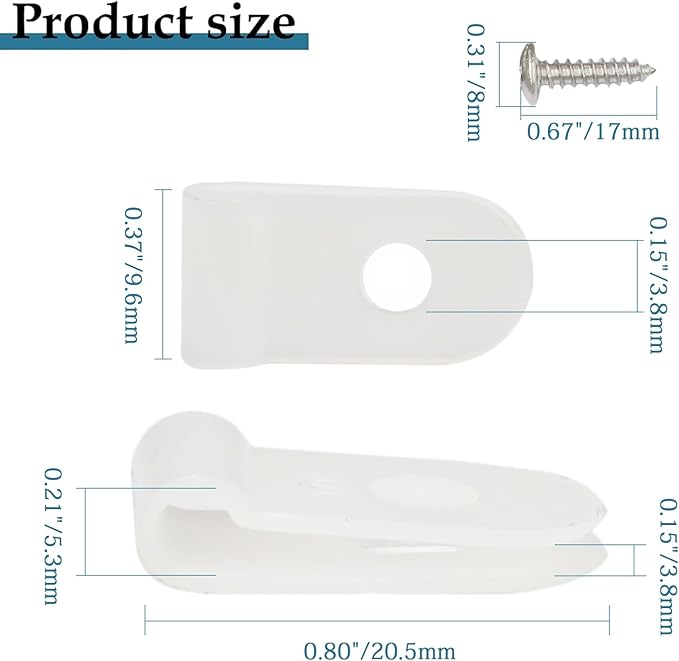 100 Pcs 1/8 Inch White Nylon Screw Mounting R-Type Cable Clip Wire Clamp, 3.3mm Cable Clip Wire Clamp for Wire Management, Stainless Steel Screws Included