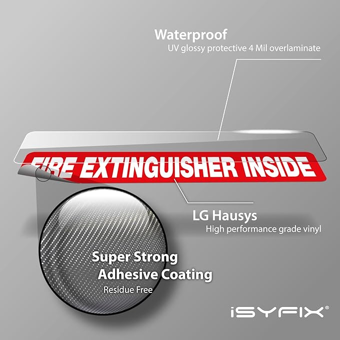 iSYFIX Fire Extinguisher Inside Sticker Sign – 10 Pack 12x2.5 Inch – Self-Adhesive Vinyl Decals, Laminated for UV, Weather, Scratch, Fade Resistance, for Cars, Trucks, Trailers, Rv's and Vehicles