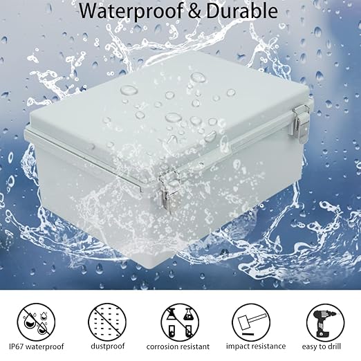 Junction Box, Hinged Cover Stainless Steel Latch IP67 Waterproof ABS Project Box with 2 Cable Glands, Electrical Box Enclosure with Mounting Plate & Wall Bracket 15.7 x 11.8 x 7.1inch
