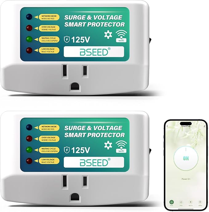 BSEED WiFi Smart Plug, Single Outlet Surge Voltage Protector with Light Indicator, APP Control, Energy Monitoring, 125V/1875W, FCC Listed, Wall Mount Power Suppressor for Refrigerator/TV/PC, 2 Pack