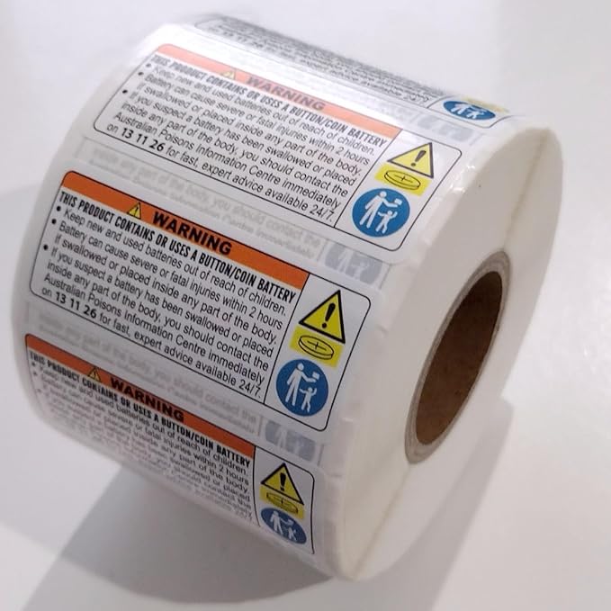 Australia ISO Compliant 1 Roll of 1,000 Button Cell or Coin Battery Warning Stickers Small 48 mm x 20 mm Ingestion Hazard Child Safety Labels for Consumer Goods Packaging Legible Text Oil/Water-Proof