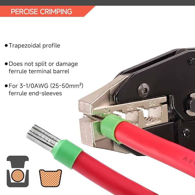 HKS Crimping Tool for Sleeves Ferrule Terminals & Pin Cord End- Ratcheting Wire Crimpers - AWG 3-1/0 (25-50mm²) - Ratchet Terminal Crimper - Electrical Crimping Tool
