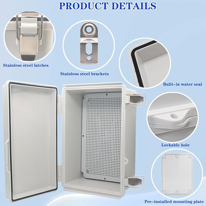 Waterproof Electrical Box,IP67 Junction Box Hinged Grey Cover ABS Project Boxes for Electronics DIY Enclosure with Mounting Plate Wall Bracket and 2 Cable Glands 13.8" x 9.8" x 5.9"
