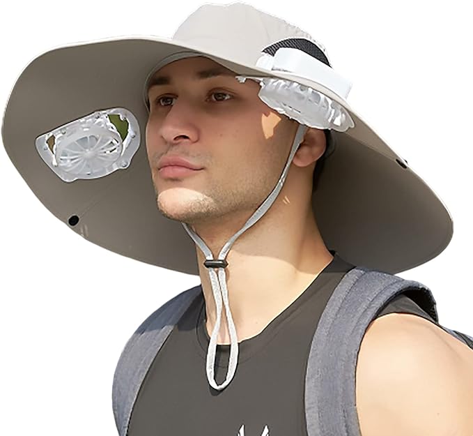 Mens Sun Hat with 2 Fan, Summer Cooling Wide Brim Bucket Hat, Beach Hat Garden Hat, Solar + USB Dual Power Supply