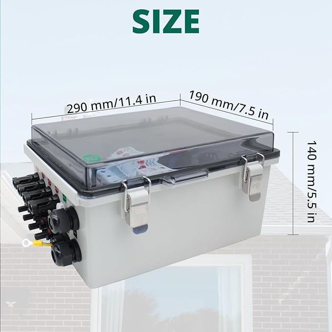 4 String PV Combiner Box, Solar Combiner Box with Lightning Arreste, 15A Rated Current Fuse and Circuit Breaker, Waterproof Combiner Box for On/Off Grid Solar System(Transparent, with Lock)