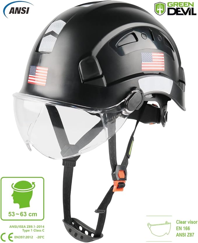 GREEN DEVIL Safety Helmet Hard Hat with Visor Chinstrap Adjustable Lightweight Vented ABS Work Helmet for Men and Women 6-Point Suspension ANSI Z89.1 Approved Ideal for Industrial & Construction