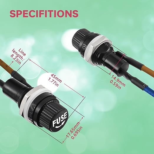 6X30mm Panel Mount Fuse Holder, 250V AC 10A/125V AC 15A, 12V DC, Screw Cap, Pre-Soldered Wires, 10A/15A Fast Blow Glass Fuse Kit
