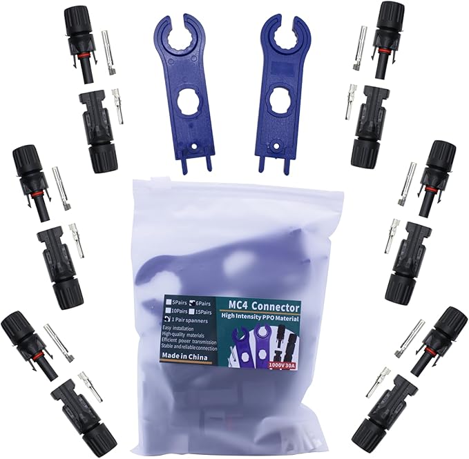 Solar Panel MC-4 Connectors, IP67 Waterproof for Solar Panel, Cable Assembly and Installation, 6 Pairs(12PCS) Solar Connectors Male/Female MC4 with 1 Pair of Spanners
