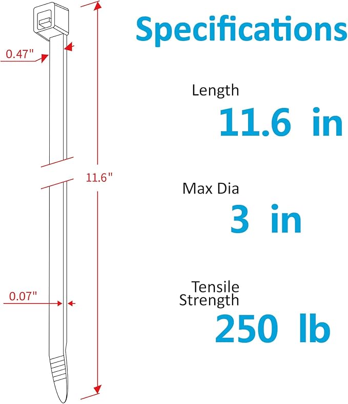 Industrial Zip Ties Heavy Duty with 250 lbs Tensile Strength, 11.6 inch, Electrical Cable Ties Heavy Duty, 50 Pieces, Wide and Thick Zip Ties, by Karoka